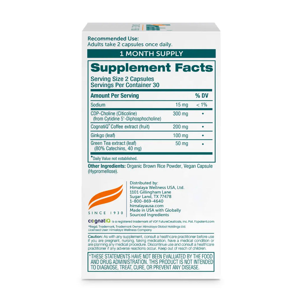 HIMALAYA Memory & Focus 4-In-1 Advanced Formula – Cognatiq® Coffee Extract, Citicoline, Ginkgo & Green Tea for Mental Clarity, Focus & Brain Support, 60 Vegan Capsules