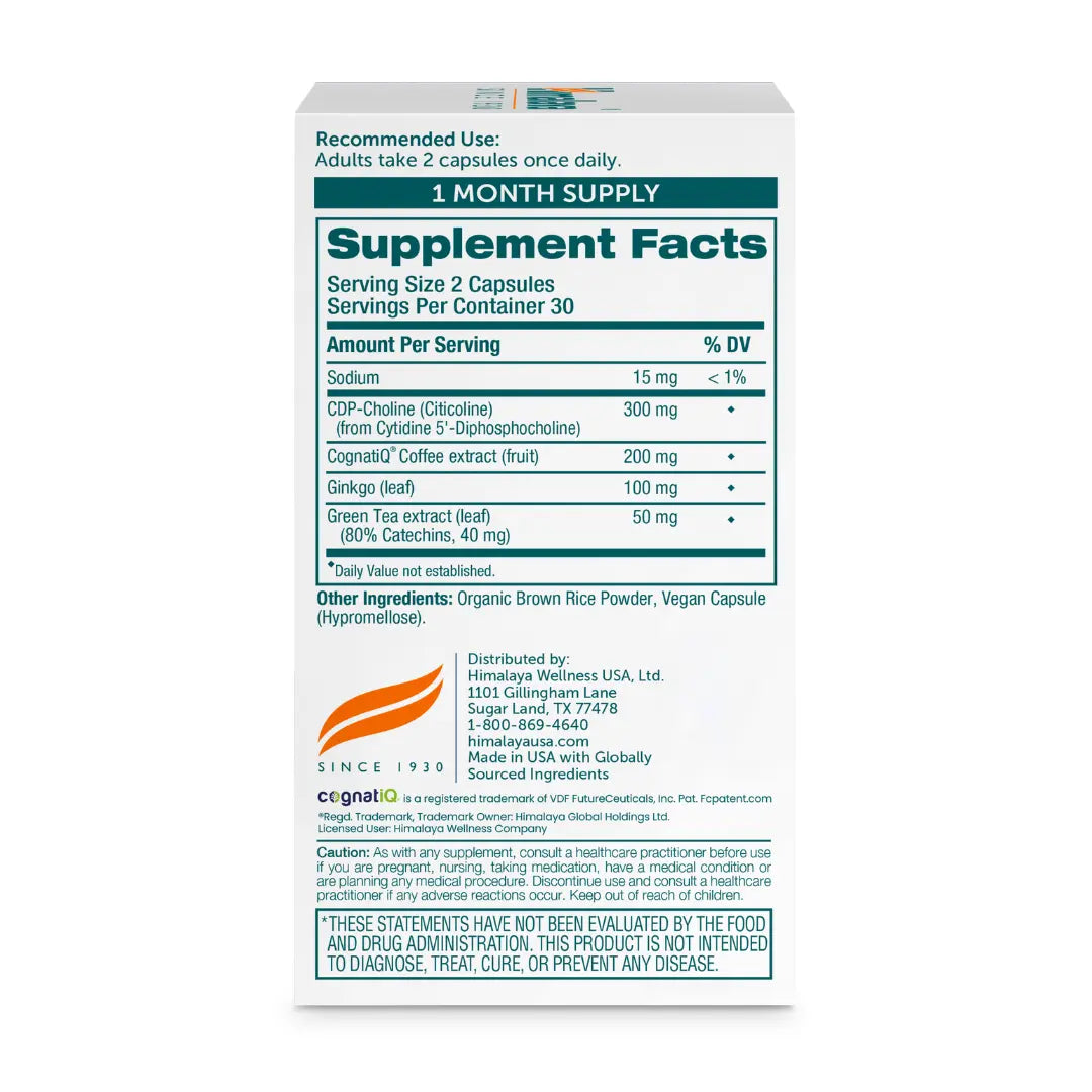 HIMALAYA Memory & Focus 4-In-1 Advanced Formula – Cognatiq® Coffee Extract, Citicoline, Ginkgo & Green Tea for Mental Clarity, Focus & Brain Support, 60 Vegan Capsules