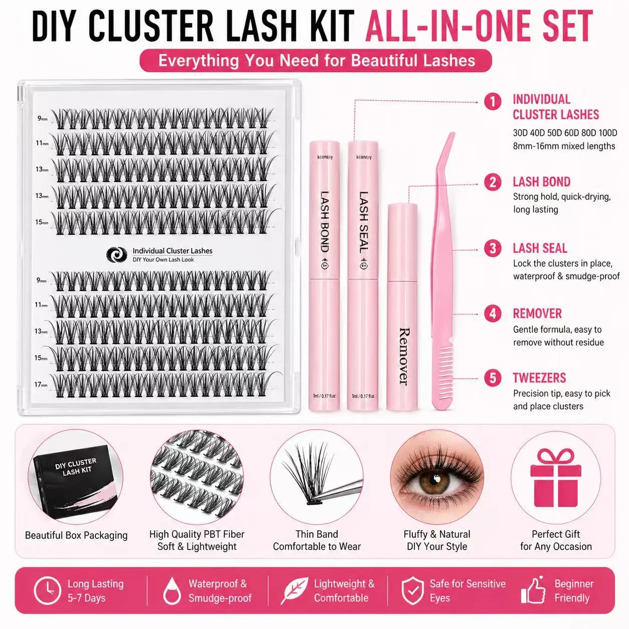 240PCS DIY Lash Extension Kit – 30D & 40D Wispy Lash Clusters with Bond & Seal, Waterproof Individual Eyelashes, Tweezers & Salon Style Lash Extension Set