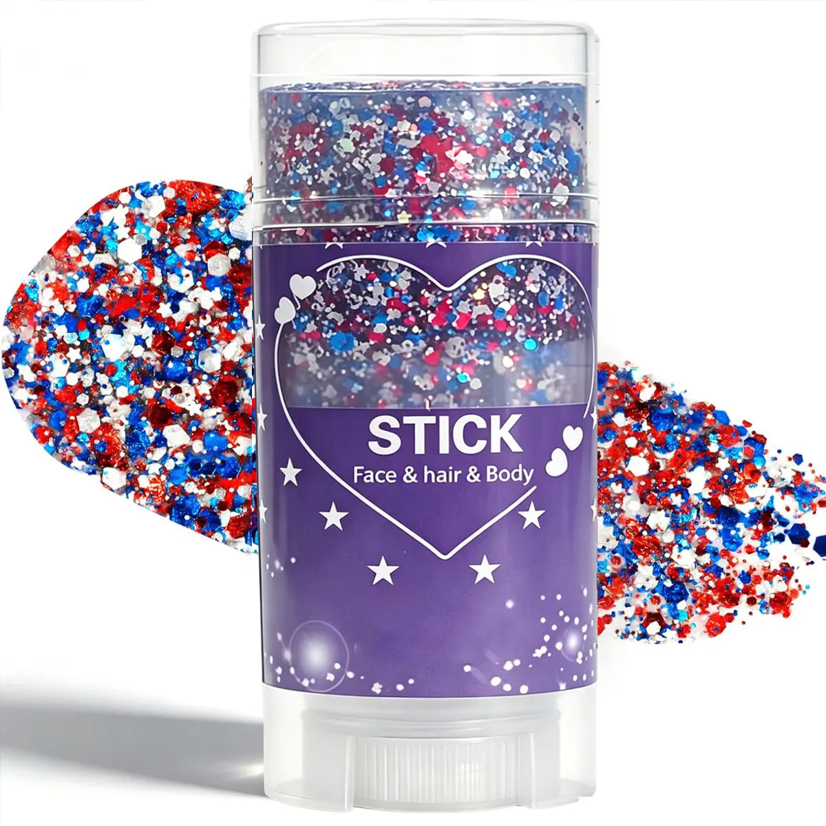 Red White & Blue Face and Body Glitter Stick – Patriotic 4th of July Makeup for Hair, Face & Body, Long-Lasting Holographic Shimmer Sequins for Festivals, Concerts & Party Looks