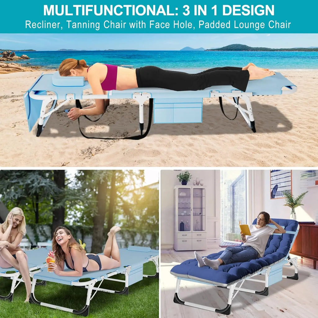ABORON Sun Tanning Chair – 5 Position Adjustable Folding Lounge Chair with Mattress, Heavy Duty Outdoor Chaise for Beach, Poolside, Patio, Lawn & Camping