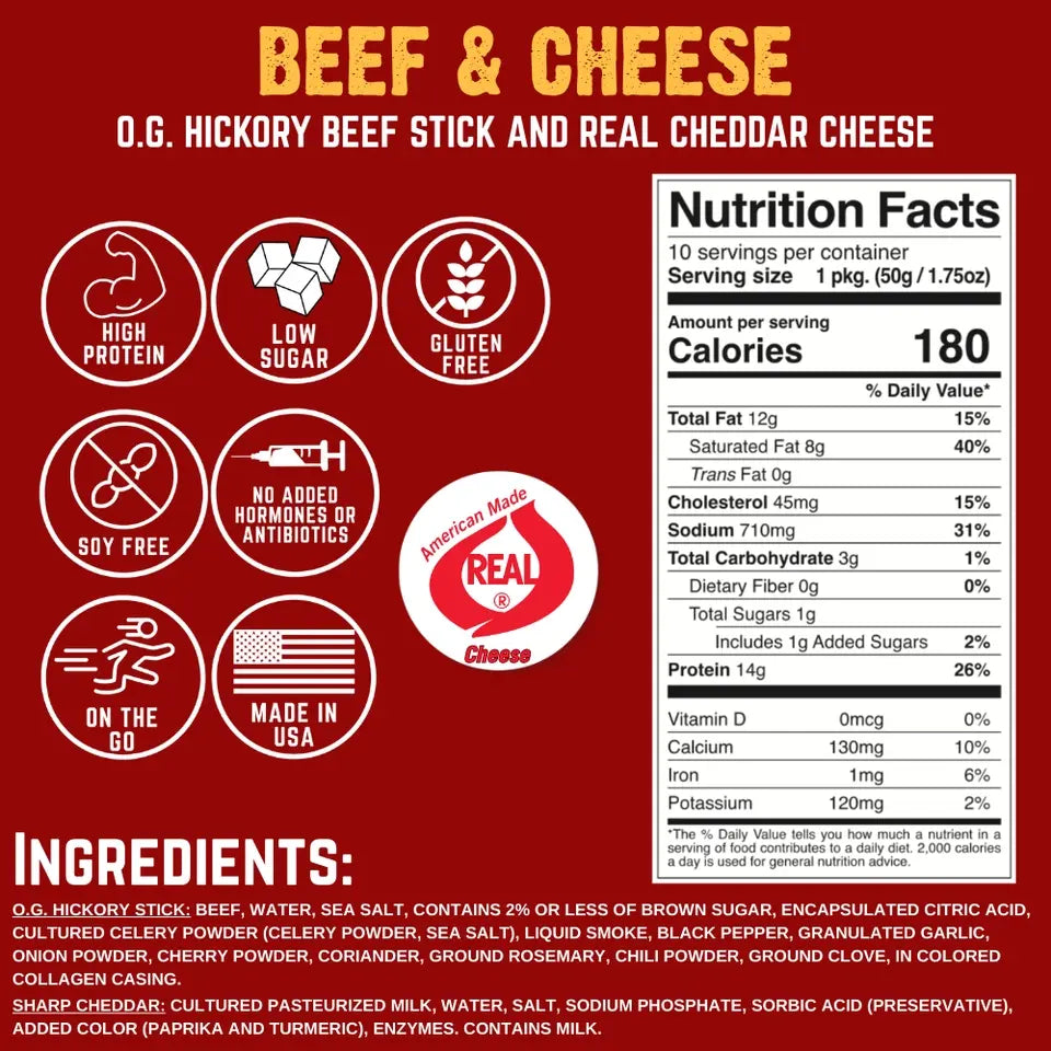 Side-By-Side Beef & Cheese Snack Sticks – High Protein Ready-to-Eat Snacks, 10Ct