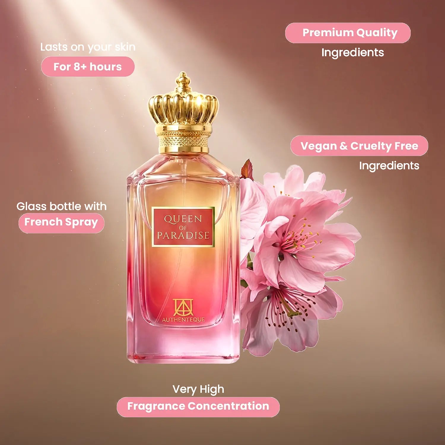 AUTHENTEQUE Queen of Paradise Women'S Eau De Parfum (EDP) - 100Ml (3.4 Oz) Single Item, Long-Lasting Luxury Arabian Perfume for Women with Vanilla, Lavender, Mandarin, Paraben-Free for Daily Wear, Perfumes for Women