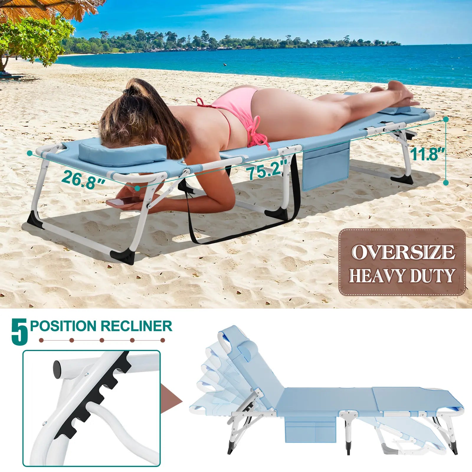 Naudacaa Folding Lounge Chair with Face Hole – 5 Position Sun Lounger for Face Down Tanning, Portable Reclining Chaise Chair for Garden, Pool, Beach & Patio, Heavy Duty up to 440lbs