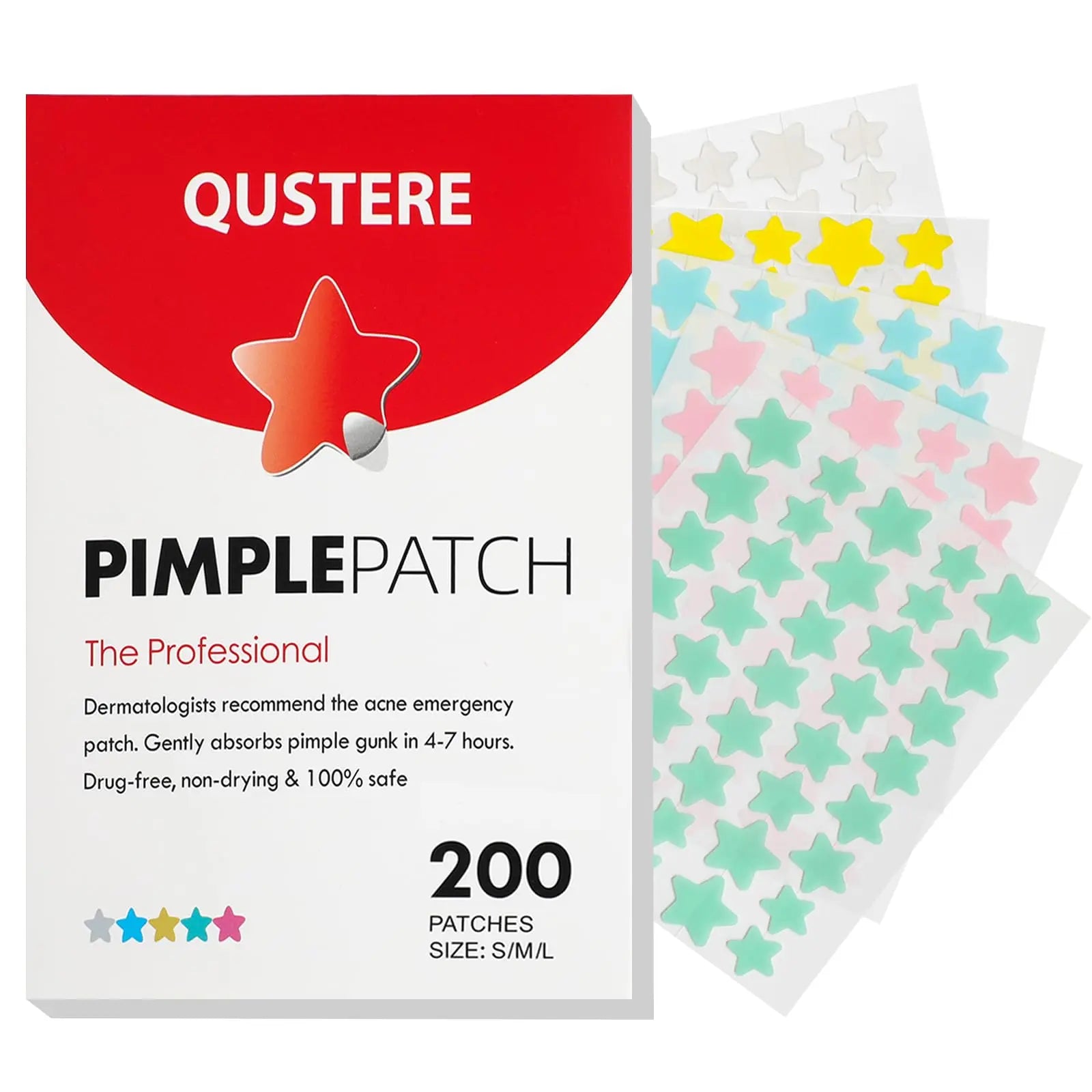 QUSTERE Hydrocolloid Pimple Patches for Face – Cute Star Acne Patches with Tea Tree, Salicylic Acid & Cica Oil, Colorful Zit Spot Stickers for Blemish Repair, 3 Sizes (10mm, 12mm & 14mm), 200 Count