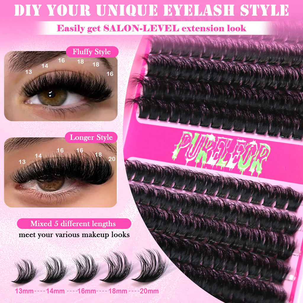 Wispy Individual Cluster Lashes Kit – Fluffy DIY Eyelash Extensions with Glue, Remover & Tweezers, Natural to Volume Lash Clusters 13-20mm for Salon Style Lash Look