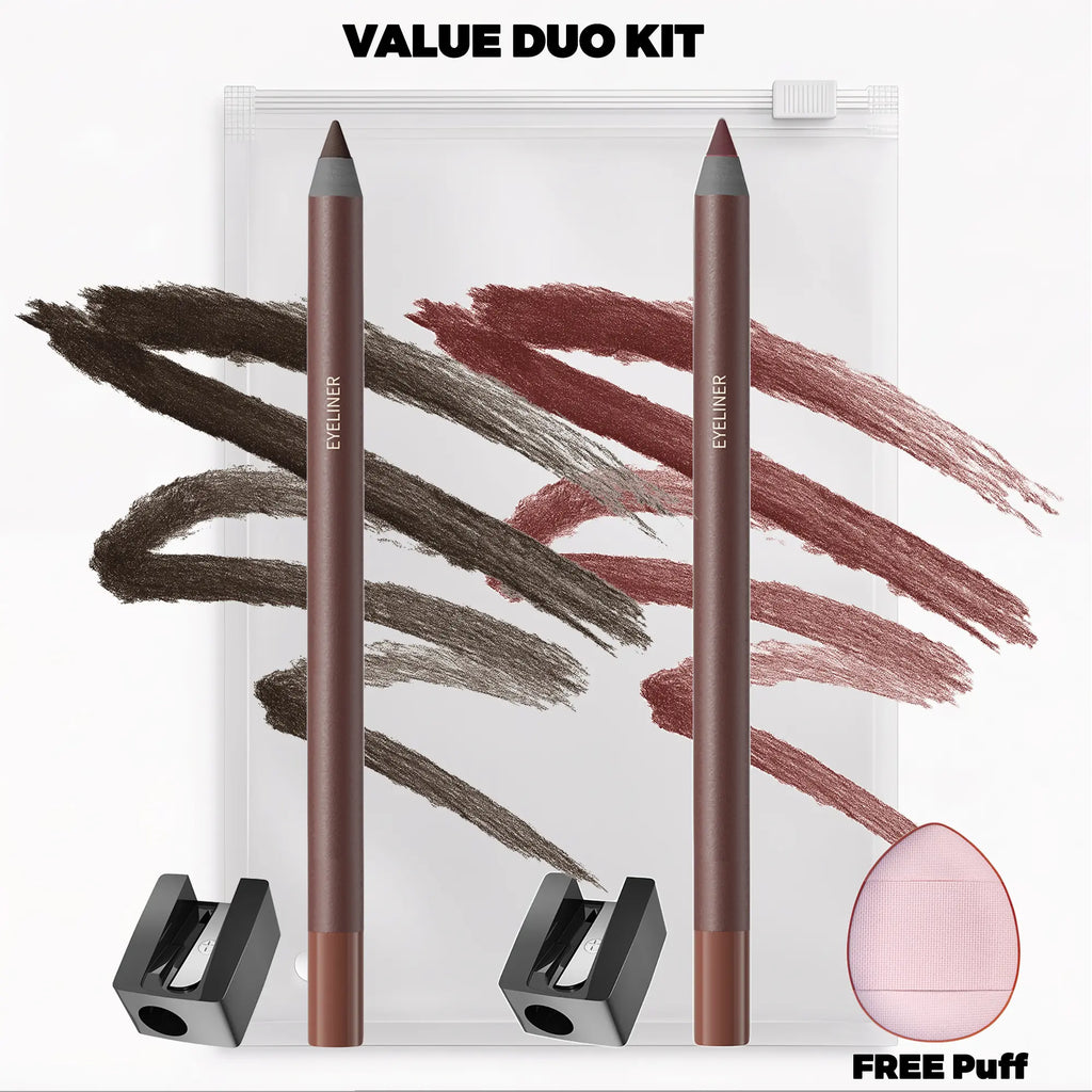 Gel Eyeliner Pencil Set – Smudge-Proof Long-Lasting Brown & Plum Eye Liners with Sharpener & Free Puff | Smooth Creamy Formula for Oily Lids & Mature Skin