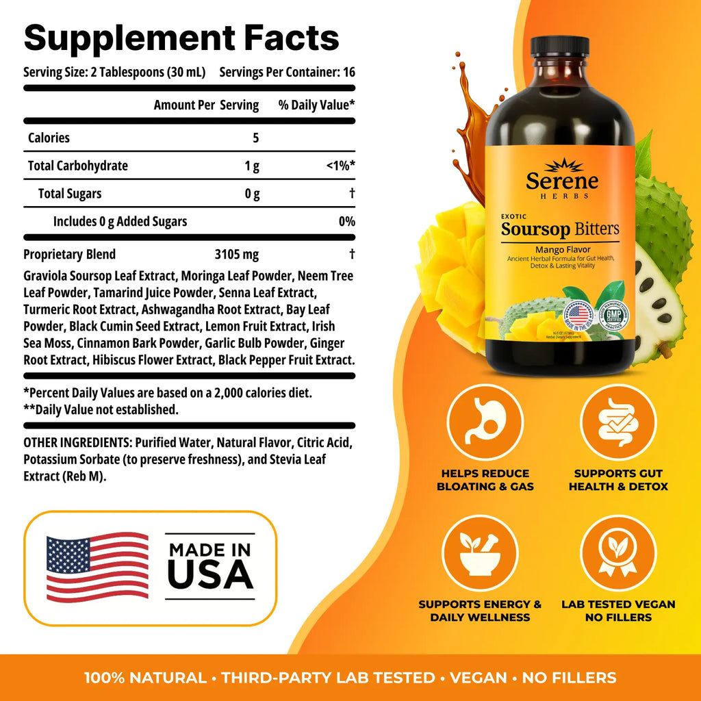 Serene Herbs Soursop Bitters – Mango Flavor Herbal Wellness Supplement for Women & Fitness