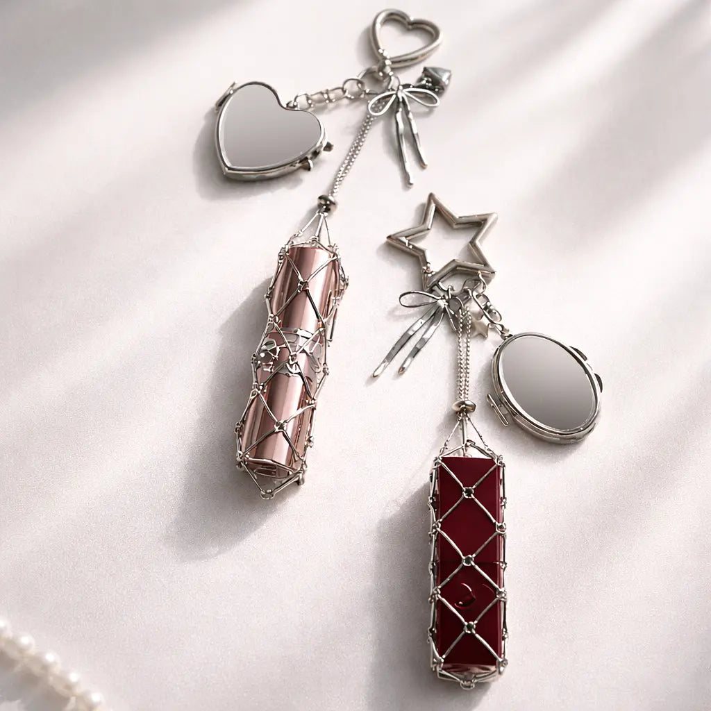 Luxury Silver Lipstick Keychain Case with Mirror – High-End Stainless Steel Mesh Lipstick Holder Pendant for Bags, Parties & Festival Gifts