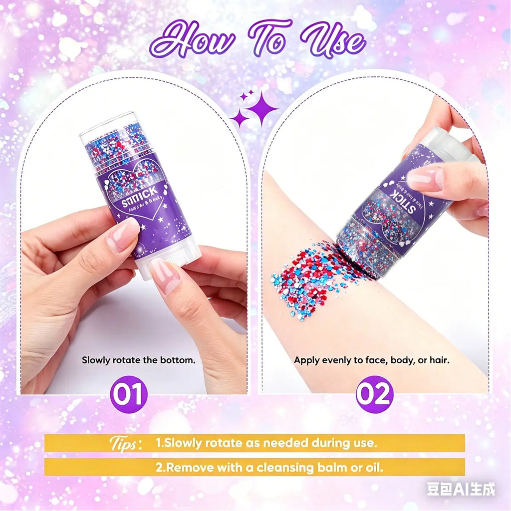 Red White & Blue Face and Body Glitter Stick – Patriotic 4th of July Makeup for Hair, Face & Body, Long-Lasting Holographic Shimmer Sequins for Festivals, Concerts & Party Looks