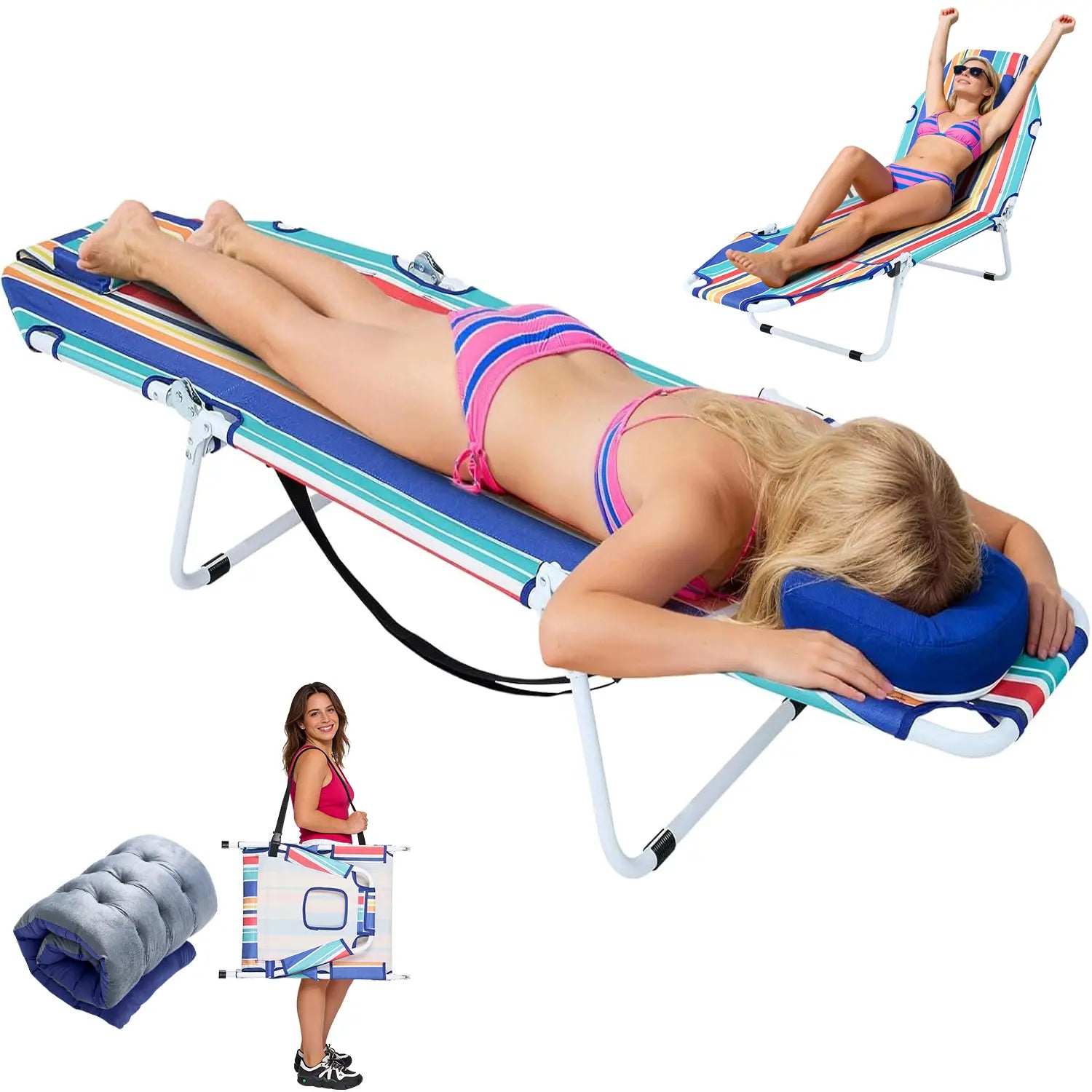 ABORON Sun Tanning Chair – 5 Position Adjustable Folding Lounge Chair with Mattress, Heavy Duty Outdoor Chaise for Beach, Poolside, Patio, Lawn & Camping