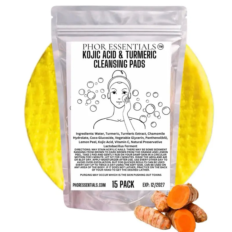 PHOR ESSENTIALS Turmeric Kojic Acid Cleansing Pads – Exfoliating Facial Foaming Cleanser with Chamomile, Organic Gentle Skin Repair & Brightening Pads for Smooth Clear Skin