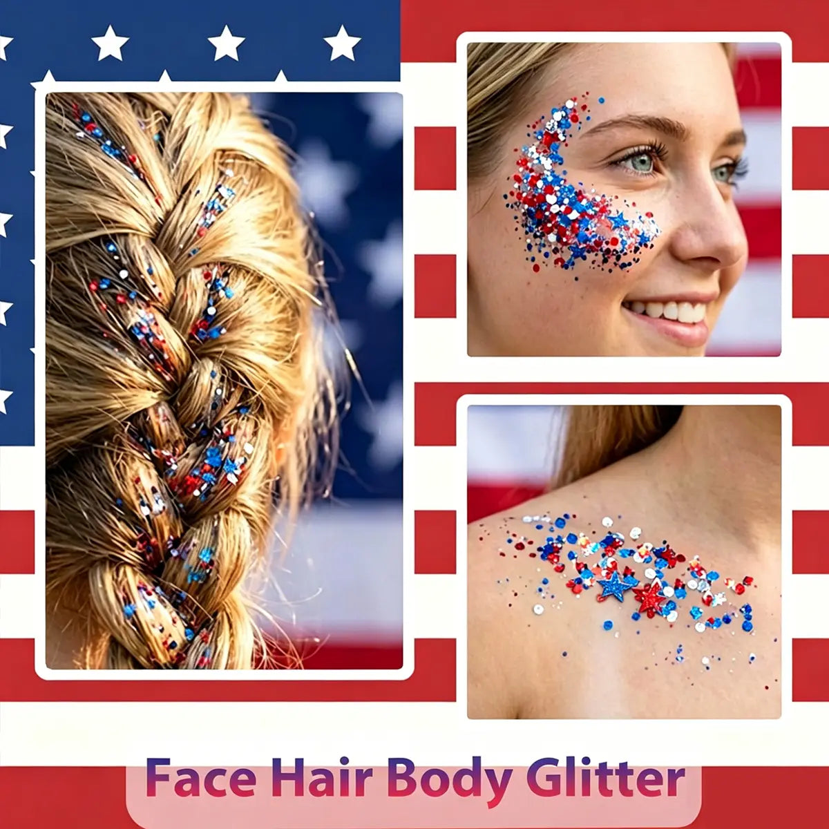 Red White & Blue Face and Body Glitter Stick – Patriotic 4th of July Makeup for Hair, Face & Body, Long-Lasting Holographic Shimmer Sequins for Festivals, Concerts & Party Looks