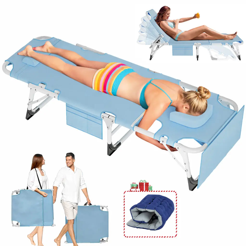 ABORON Sun Tanning Chair – 5 Position Adjustable Folding Lounge Chair with Mattress, Heavy Duty Outdoor Chaise for Beach, Poolside, Patio, Lawn & Camping