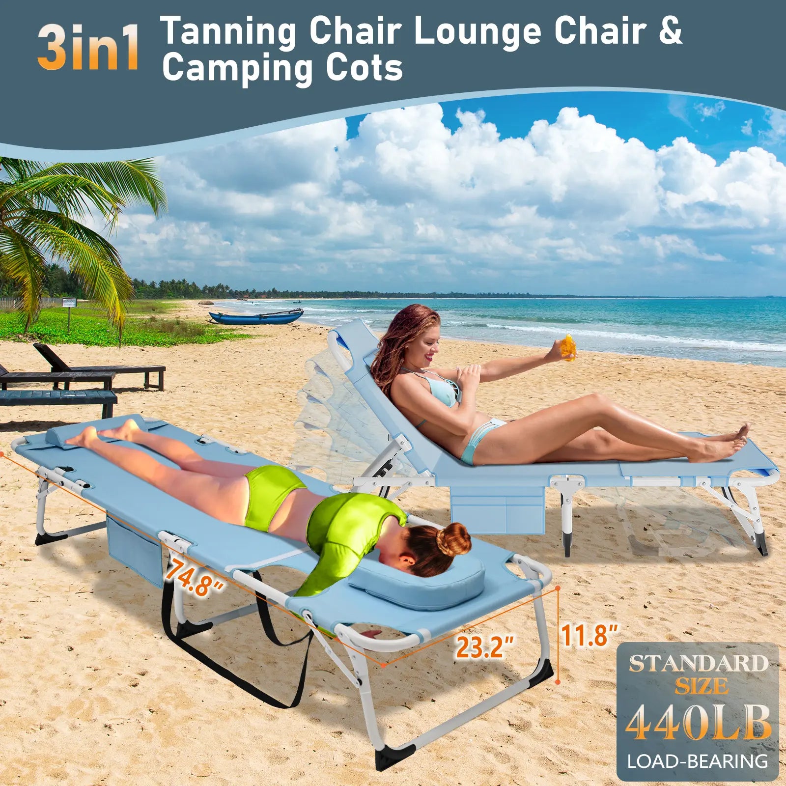 ABORON Sun Tanning Chair – 5 Position Adjustable Folding Lounge Chair with Mattress, Heavy Duty Outdoor Chaise for Beach, Poolside, Patio, Lawn & Camping