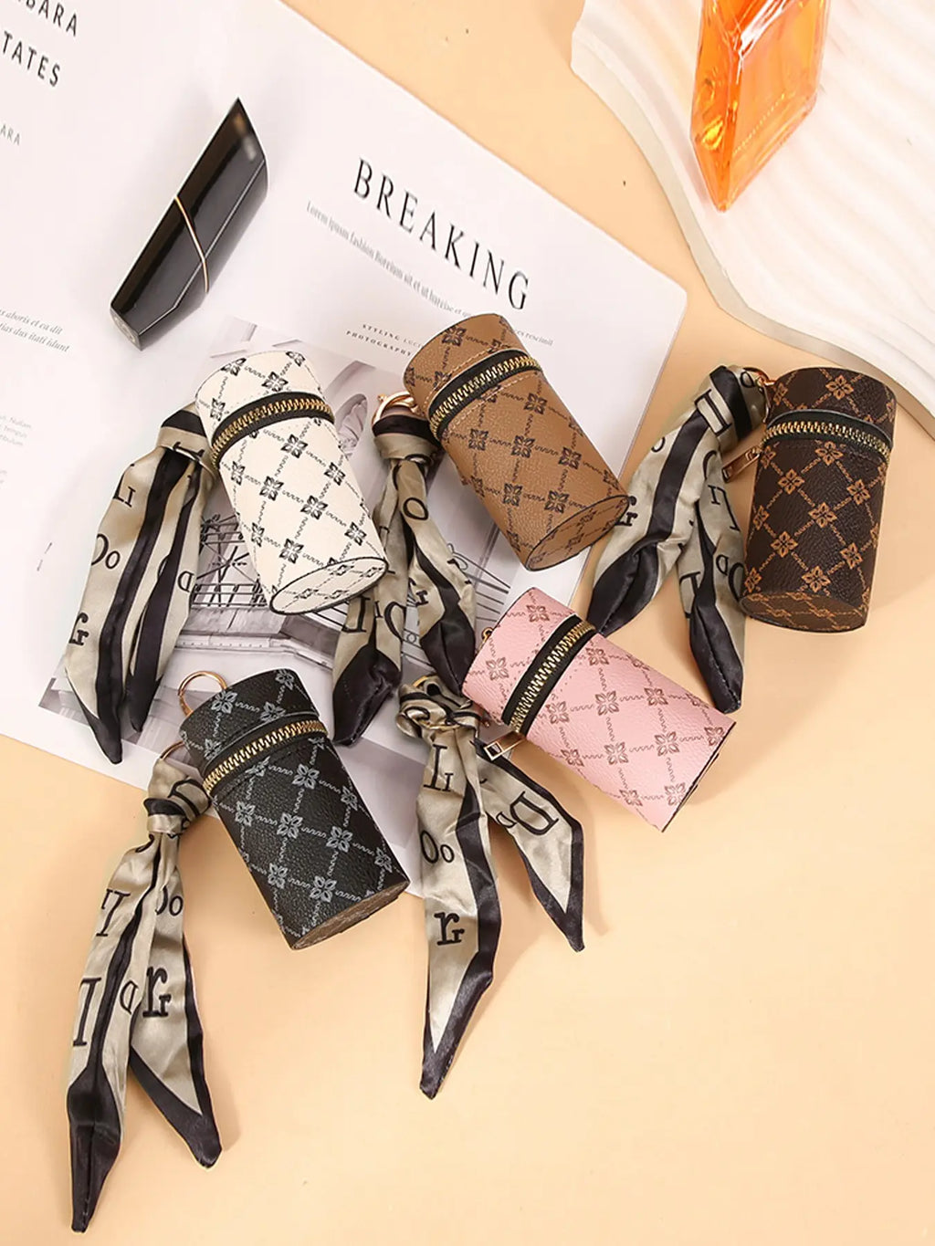 Luxury Leather Lipstick Organizer Case – Mini Lip Gloss & Makeup Storage Holder with Keychain, Zipper Closure & Purse Charm | Travel Cosmetic Bag for Lipstick, Perfume & Nail Polish
