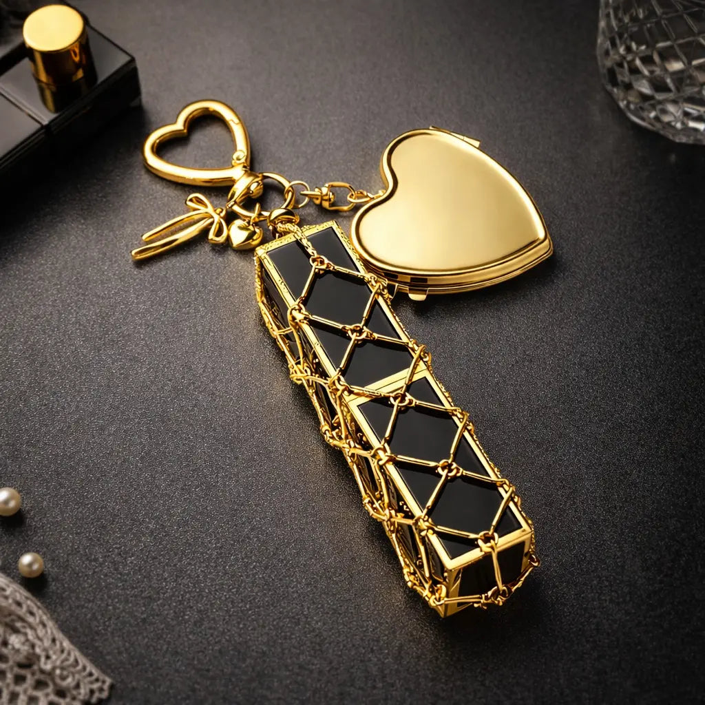 Luxury Silver Lipstick Keychain Case with Mirror – High-End Stainless Steel Mesh Lipstick Holder Pendant for Bags, Parties & Festival Gifts