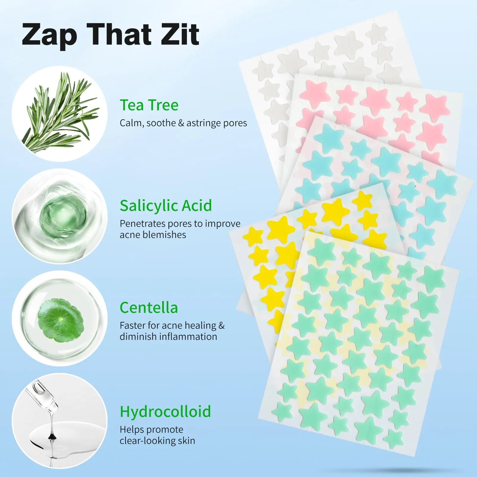 QUSTERE Hydrocolloid Pimple Patches for Face – Cute Star Acne Patches with Tea Tree, Salicylic Acid & Cica Oil, Colorful Zit Spot Stickers for Blemish Repair, 3 Sizes (10mm, 12mm & 14mm), 200 Count
