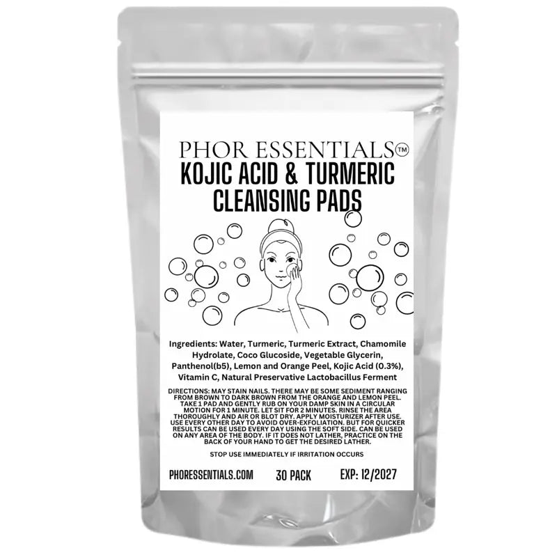 PHOR ESSENTIALS Turmeric Kojic Acid Cleansing Pads – Exfoliating Facial Foaming Cleanser with Chamomile, Organic Gentle Skin Repair & Brightening Pads for Smooth Clear Skin