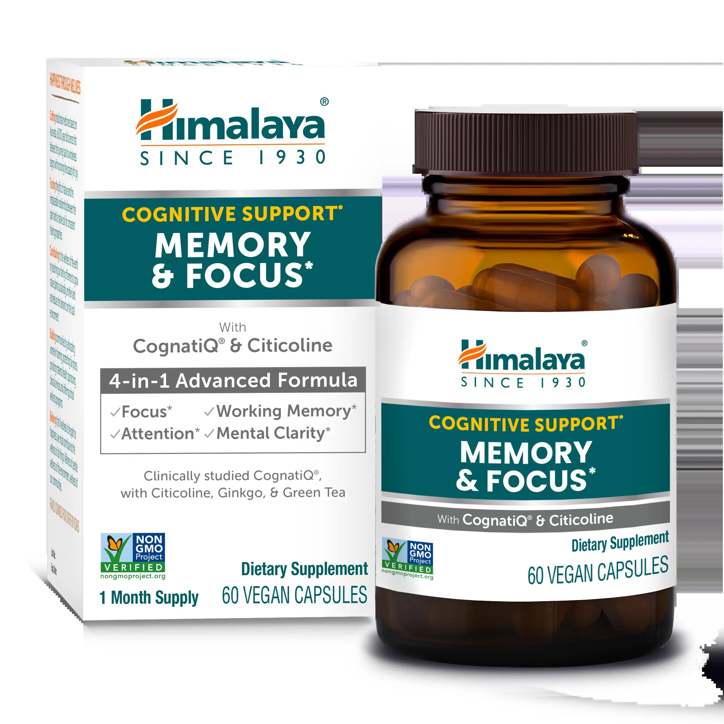 HIMALAYA Memory & Focus 4-In-1 Advanced Formula – Cognatiq® Coffee Extract, Citicoline, Ginkgo & Green Tea for Mental Clarity, Focus & Brain Support, 60 Vegan Capsules