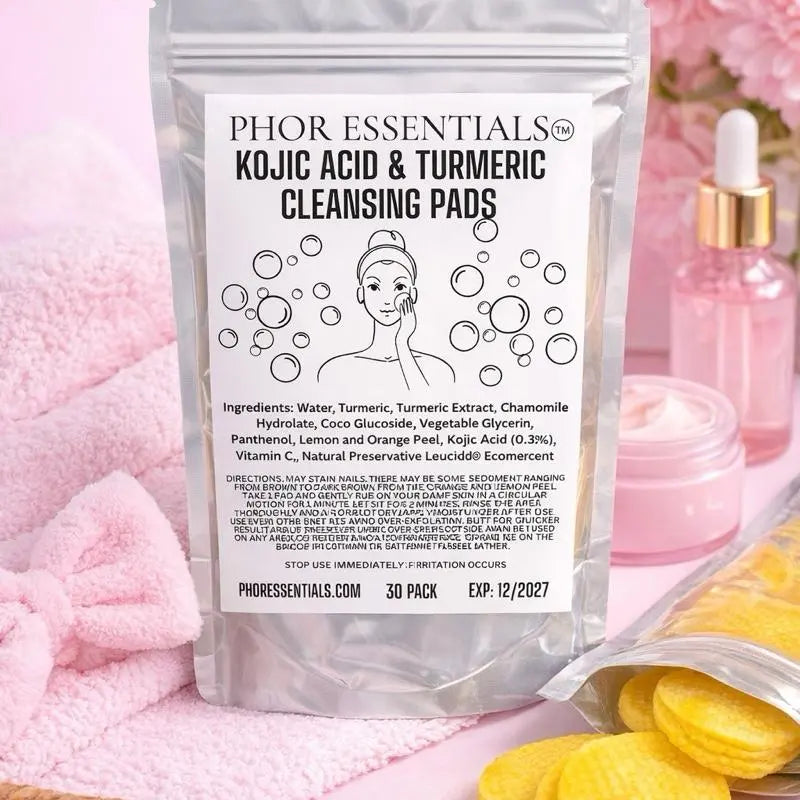 PHOR ESSENTIALS Turmeric Kojic Acid Cleansing Pads – Exfoliating Facial Foaming Cleanser with Chamomile, Organic Gentle Skin Repair & Brightening Pads for Smooth Clear Skin