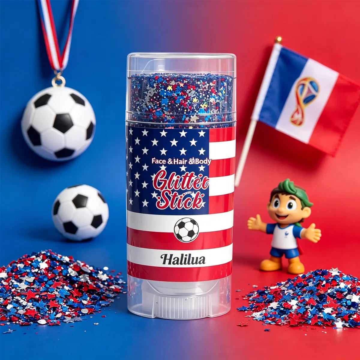 Red White & Blue Face and Body Glitter Stick – Patriotic 4th of July Makeup for Hair, Face & Body, Long-Lasting Holographic Shimmer Sequins for Festivals, Concerts & Party Looks