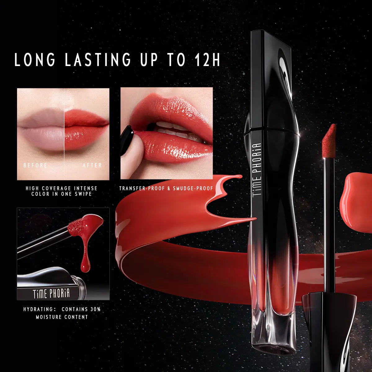 TIMEPHORIA Stellar Dust Lip Stain 5ML – High Coverage Glossy Lip Tint with Glassy Finish & 30% Moisture Essence | Long-Lasting Hydrating Lip Stain for Smooth, Flawless Makeup Look