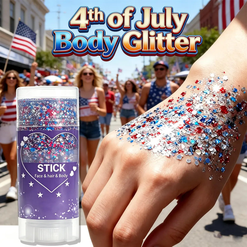 Red White & Blue Face and Body Glitter Stick – Patriotic 4th of July Makeup for Hair, Face & Body, Long-Lasting Holographic Shimmer Sequins for Festivals, Concerts & Party Looks
