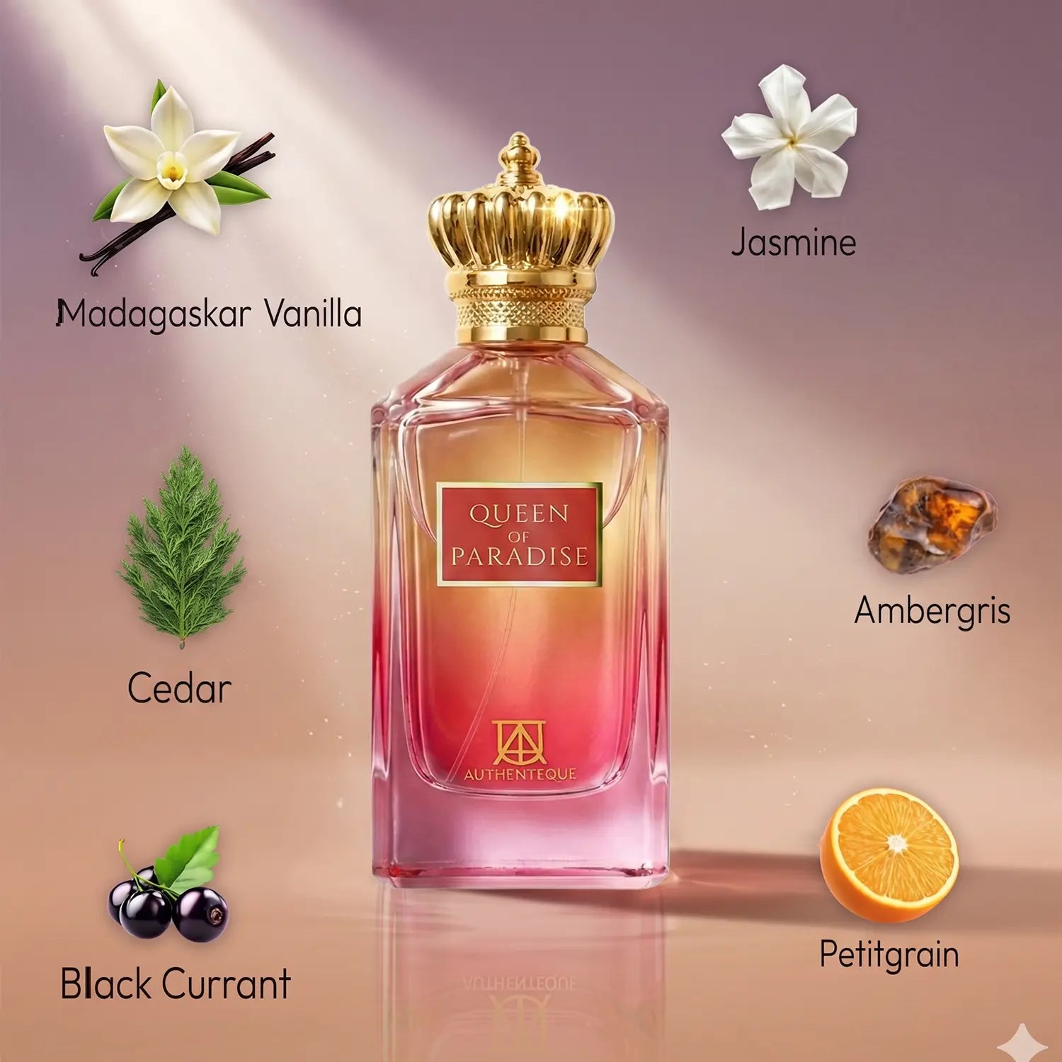 AUTHENTEQUE Queen of Paradise Women'S Eau De Parfum (EDP) - 100Ml (3.4 Oz) Single Item, Long-Lasting Luxury Arabian Perfume for Women with Vanilla, Lavender, Mandarin, Paraben-Free for Daily Wear, Perfumes for Women