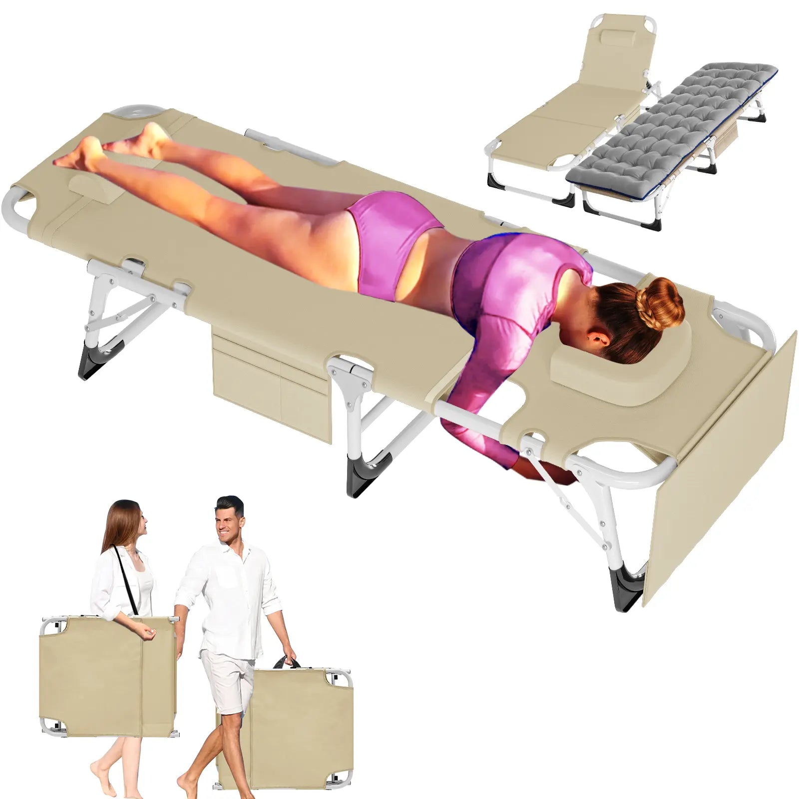 ABORON Sun Tanning Chair – 5 Position Adjustable Folding Lounge Chair with Mattress, Heavy Duty Outdoor Chaise for Beach, Poolside, Patio, Lawn & Camping