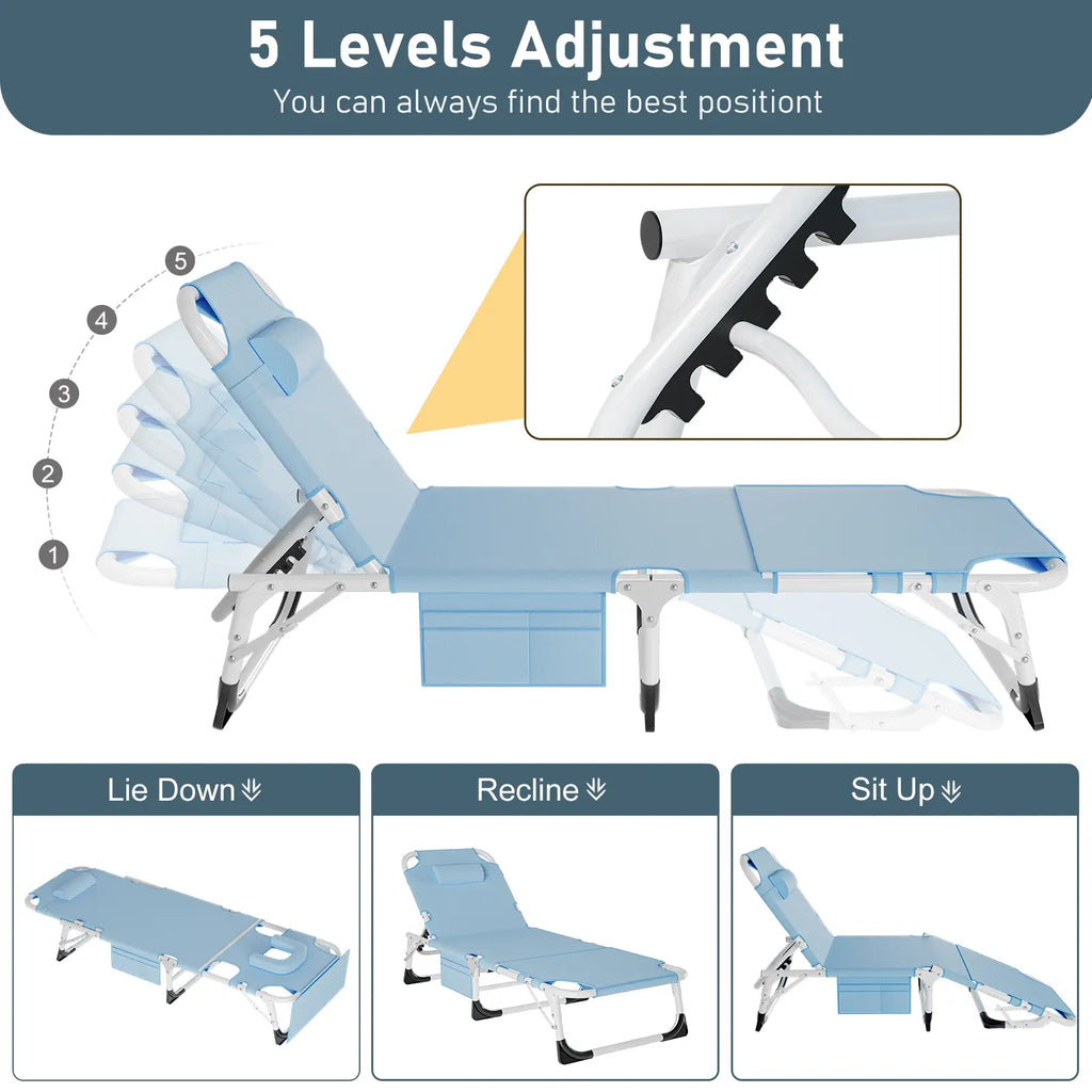 ABORON Sun Tanning Chair – 5 Position Adjustable Folding Lounge Chair with Mattress, Heavy Duty Outdoor Chaise for Beach, Poolside, Patio, Lawn & Camping