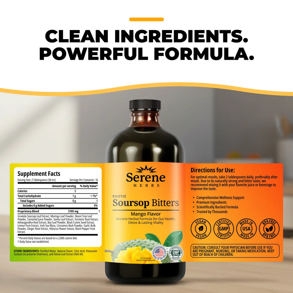 Serene Herbs Soursop Bitters – Mango Flavor Herbal Wellness Supplement for Women & Fitness