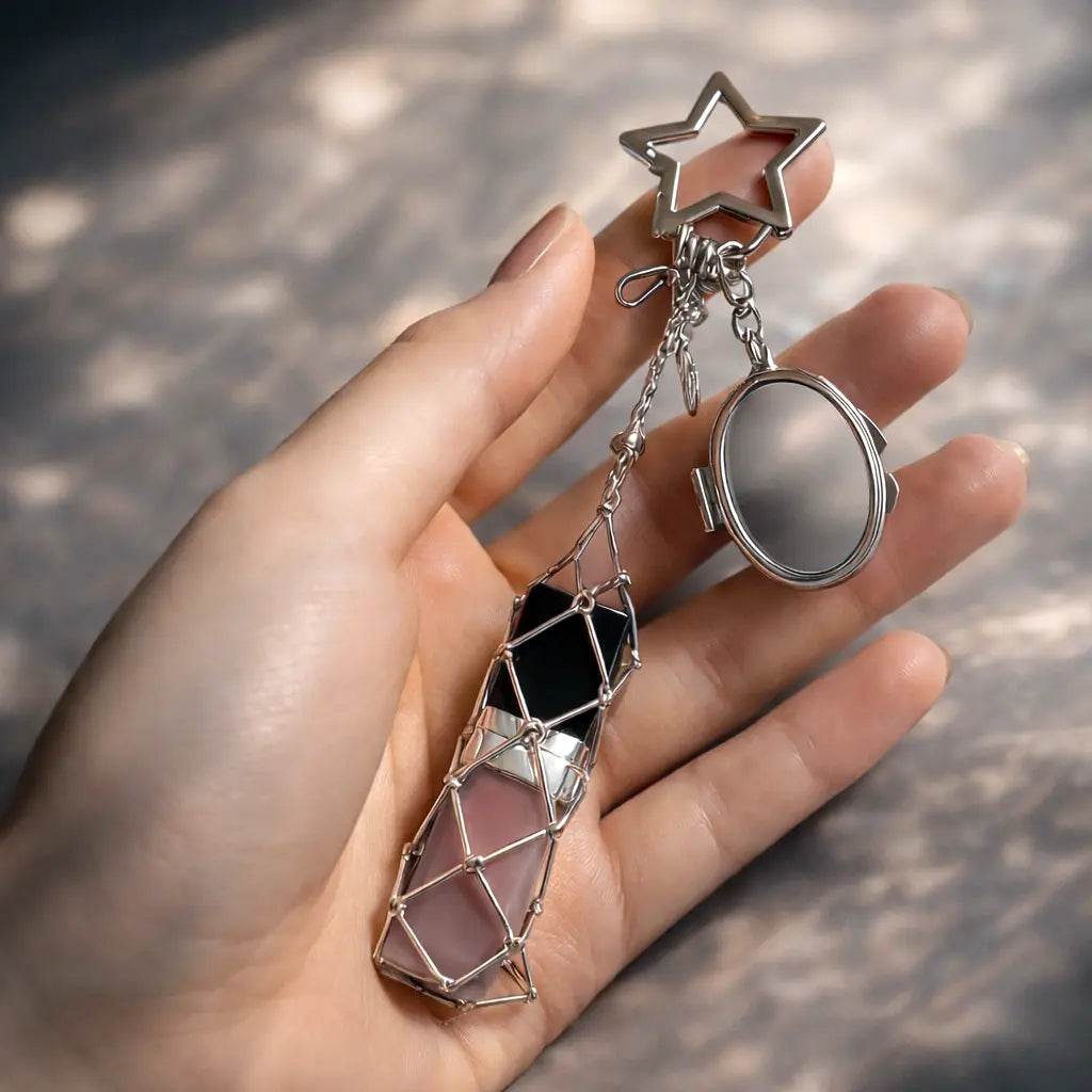 Luxury Silver Lipstick Keychain Case with Mirror – High-End Stainless Steel Mesh Lipstick Holder Pendant for Bags, Parties & Festival Gifts