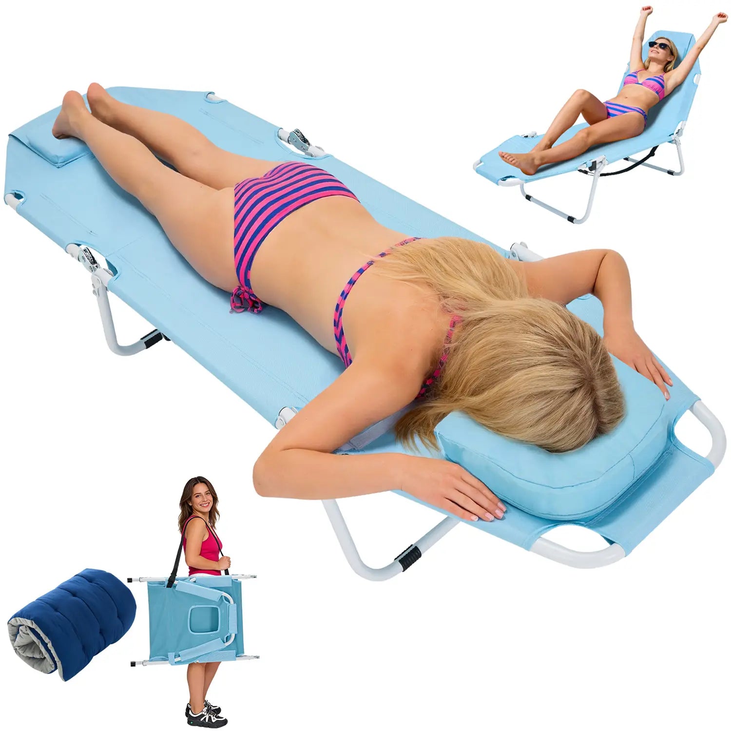 ABORON Sun Tanning Chair – 5 Position Adjustable Folding Lounge Chair with Mattress, Heavy Duty Outdoor Chaise for Beach, Poolside, Patio, Lawn & Camping