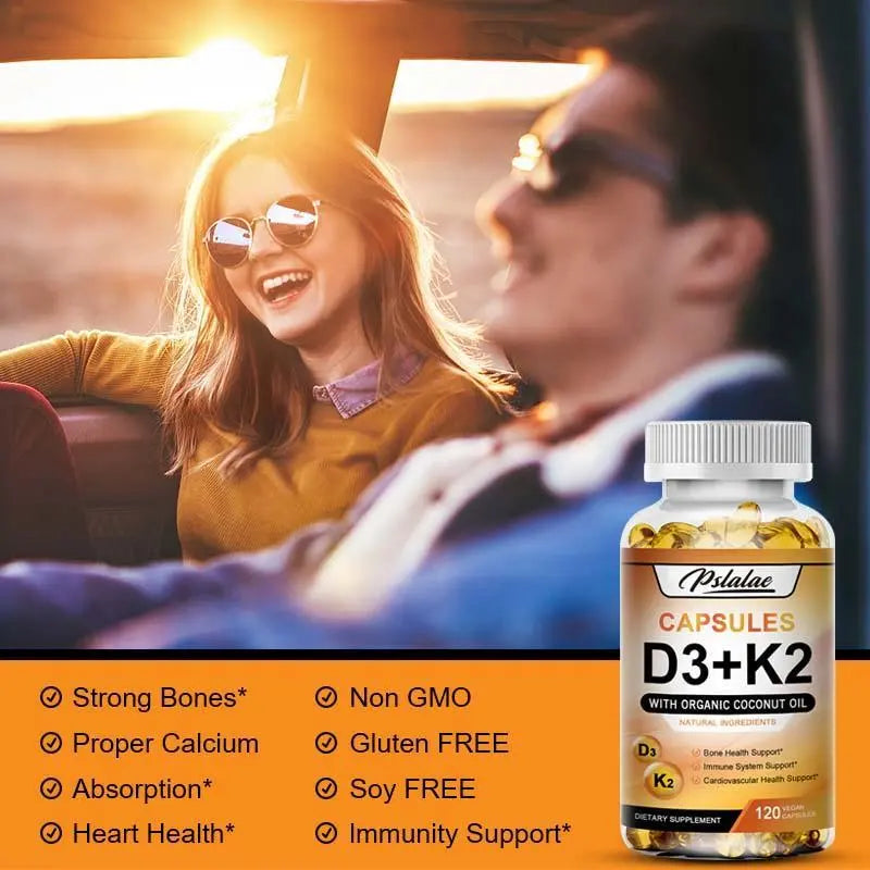 Vitamin D3 + K2 Complex Capsules – Supports Bone, Heart & Immune Health with Coconut Oil